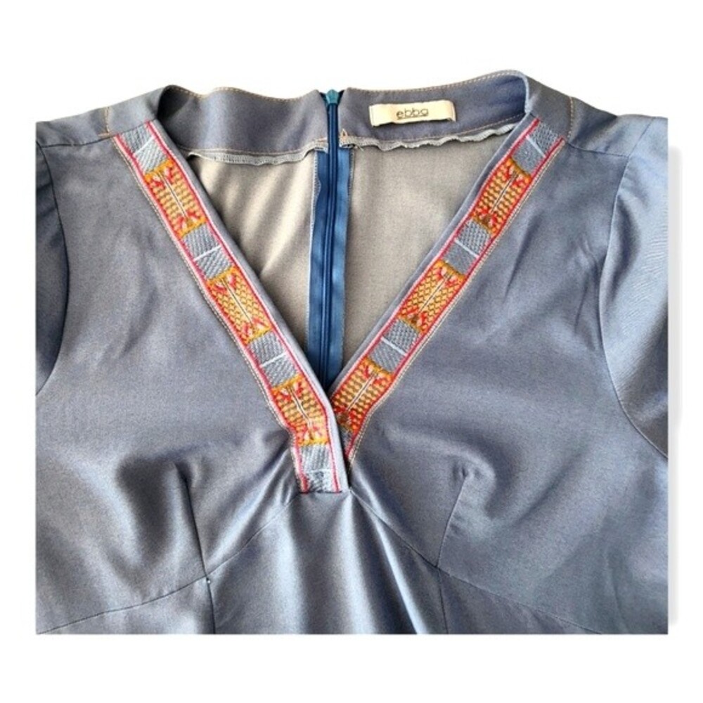 EBBA Blue V-neck Dress Embroidered Ribbon Trim Women Size 16 / XXL - Picture 3 of 9